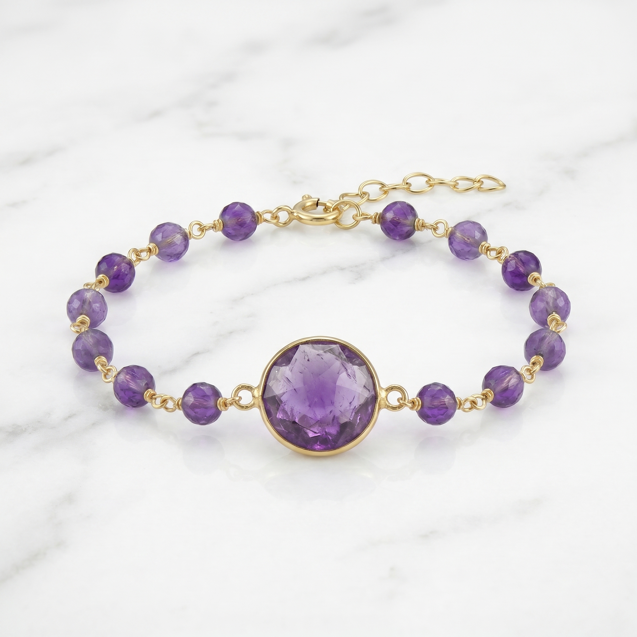 Bracelet retouched — white marble surface, studio lighting