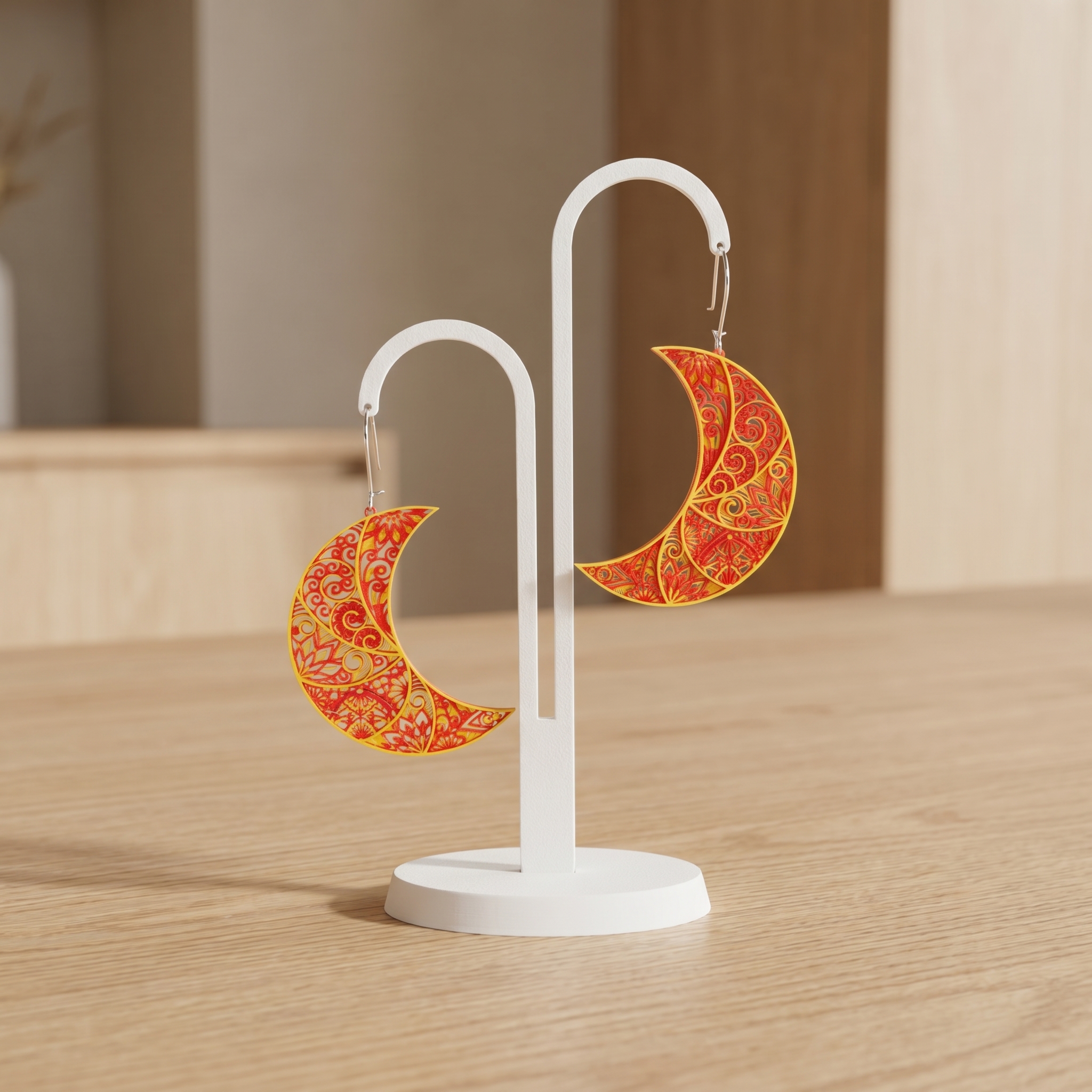 Mandala earrings retouched — natural outdoor lighting, intricate detail